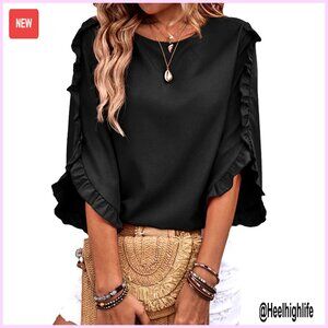 3/4 Sleeve Ruffle Blouse Loose Fit Polyester Business Casual Top